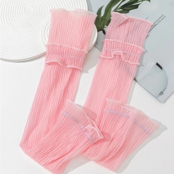 Pink Sheer Ruched Look Pull Up Arm Sleeves Glove - Picture 5 of 5